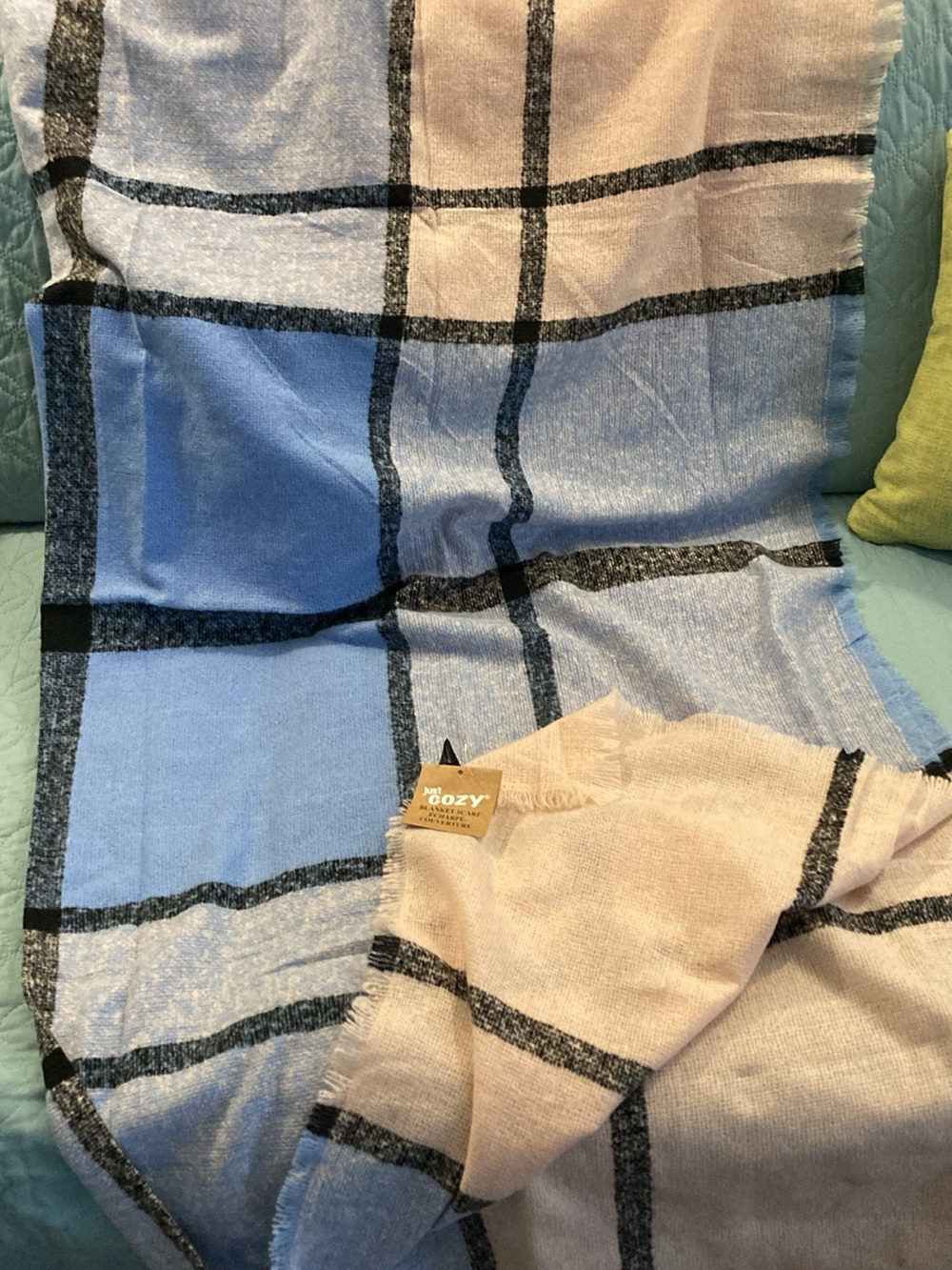 Cozy Plaid Scarf Wrap in Blue and Cream
